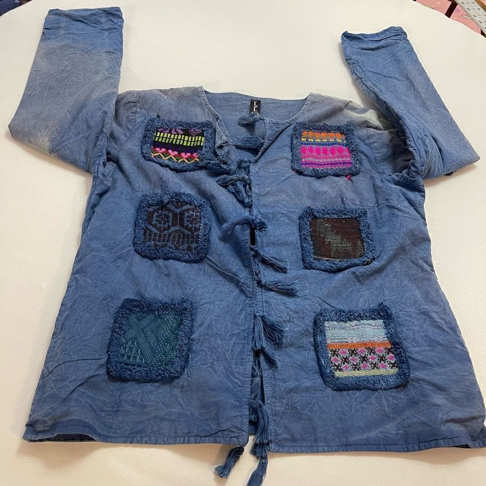 SACRED THREADS Women's Blue Chambray Patchwork Aztec Jacket Boho Sz L/XL